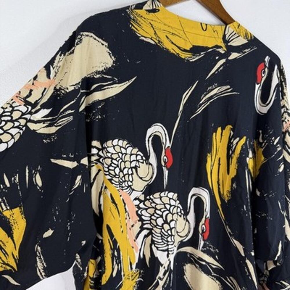 Bel Kazan Crane Kimono Kyra Black Anthropologie Rayon Open Front Longline Duster